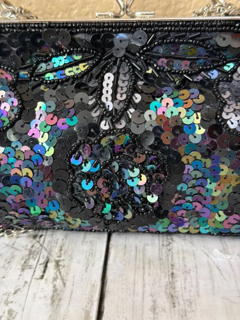 Y2K Max Mayer Black Beaded Sequin Evening Bag Clutch Kiss Lock Chain Strap NEW - Picture 13 of 14